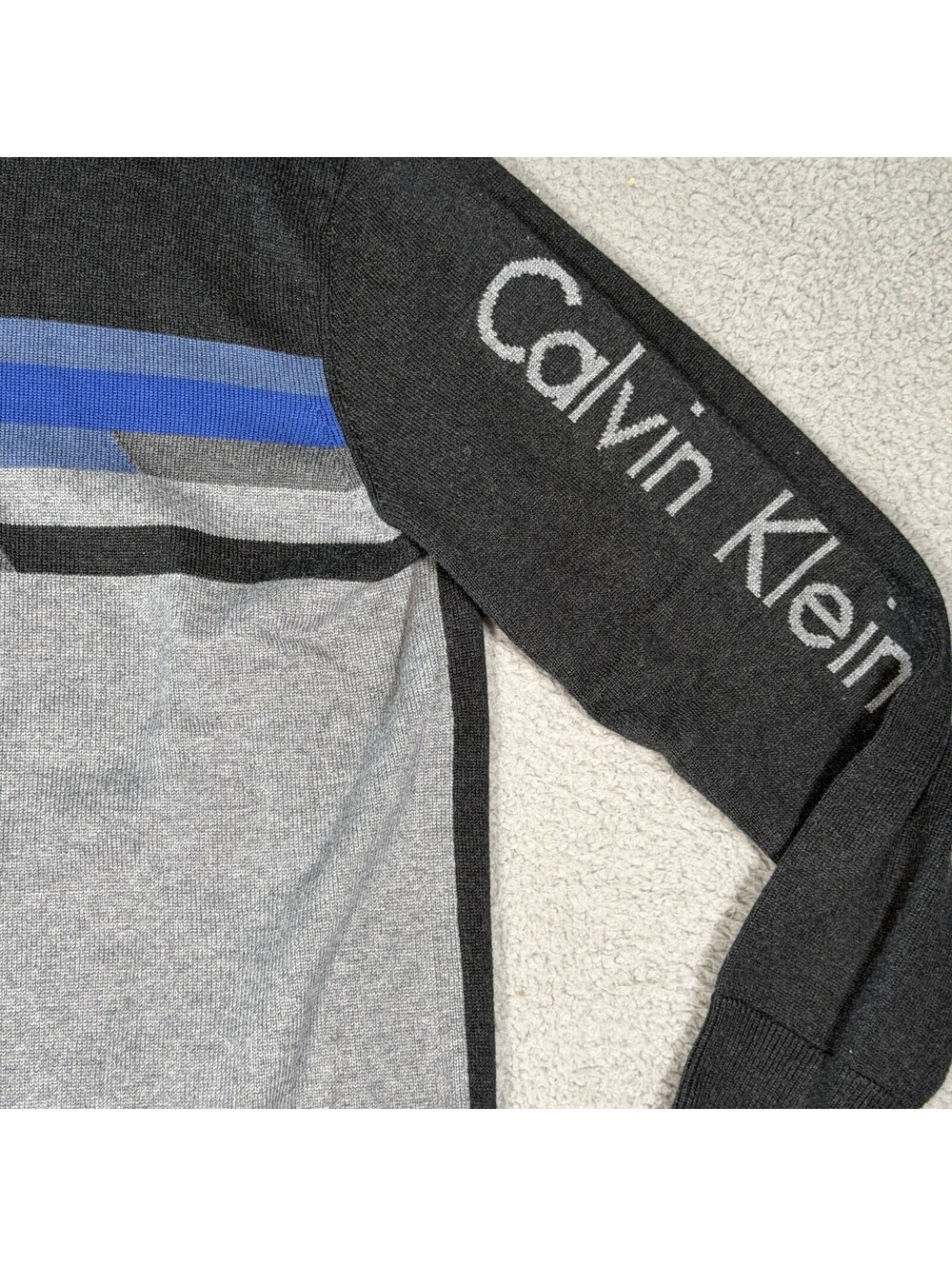 Calvin Klein Striped L/S Sweater Size L Multi-Color Black Gray Blue Logo Sleeve